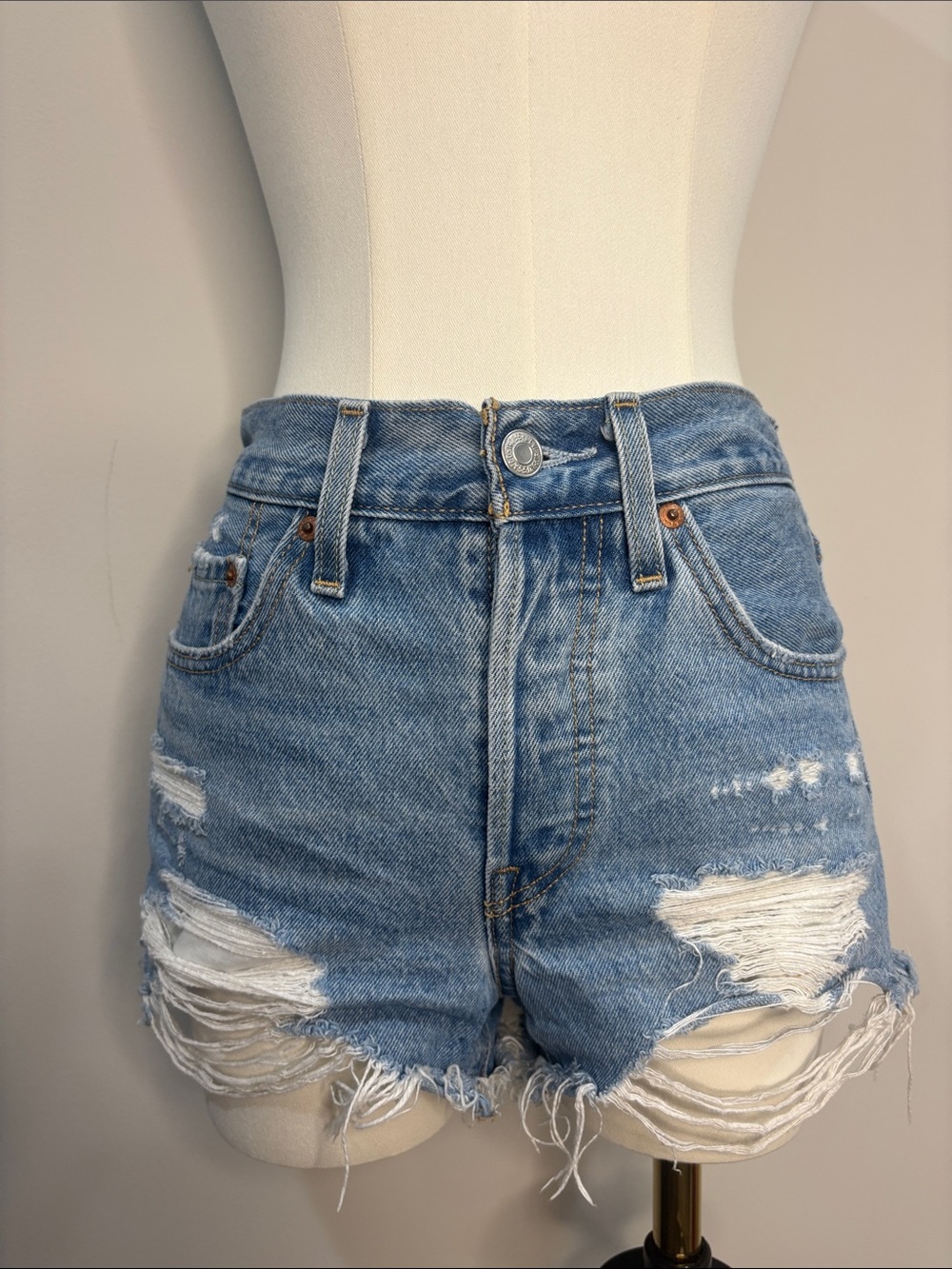 Levi's Distressed Denim Ripped High-Waist Denim Jean Shorts 24